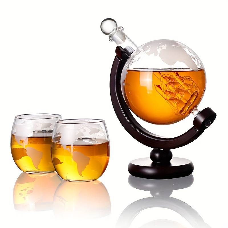 850ML Creative Globe Decanter Set with Lead-free Carafe Exquisite Wood-stand and 2 Glasses Whiskey Decanter Globe Grade Gift