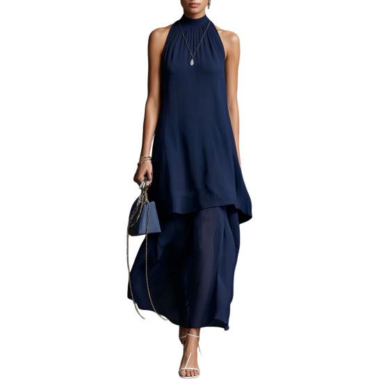 Women s Flowy Chiffon Maxi Dress, Halter Sleeveless Wedding Guest Dress, Asymmetrical Hem Summer Formal Evening Party Cocktail Dress S