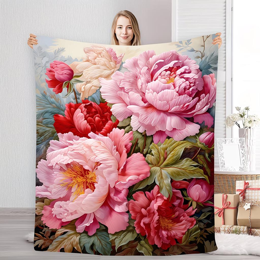 A Stunning and Graceful Peony-Patterned Flannel Blanket, Highlighting The Splendor of Nature'S Floral Designs and Daily Months