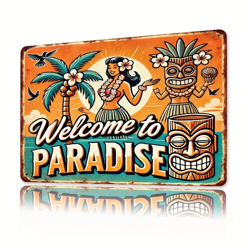 Room Decor Hawaiian Paradise Vintage Metal Sign Tiki Tree Design Iron Wall Art Plaque for Indoor Outdoor Decor Bar