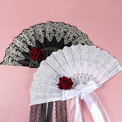 Lolita Gothic Fan Victorian Female Lace Hand Fan Vintage Black White Red Rose Bamboo Fans Cosplay Halloween Party Supplies