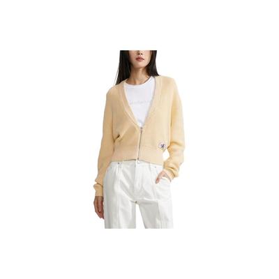 Minimalistischer V-Ausschnitt Strickjacke mit Reißverschluss Damenpullover Vanille-Gelb J222623-ZCY