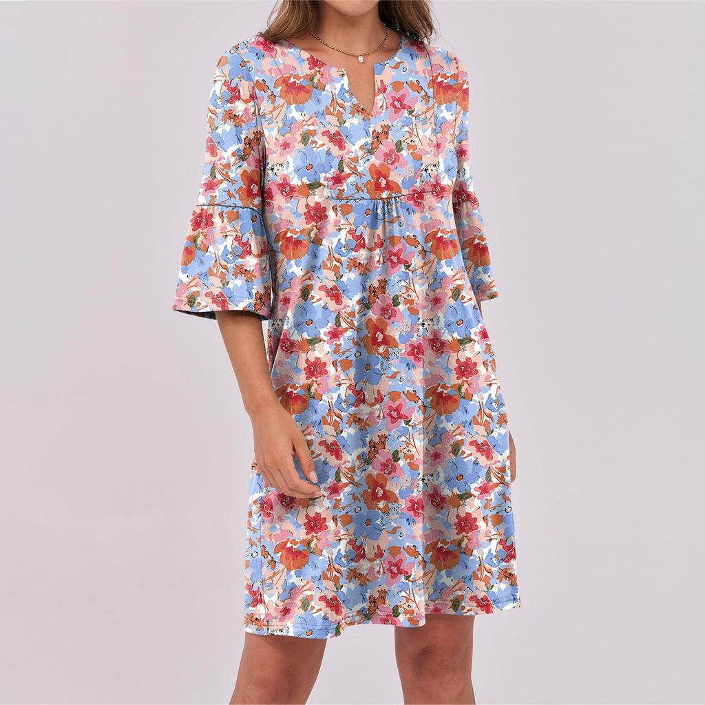 Women's Fashionable V Neck  V-neck Ruffle Sleeves Retro Print Loose Pleated Five Quarter Sleeve Dress