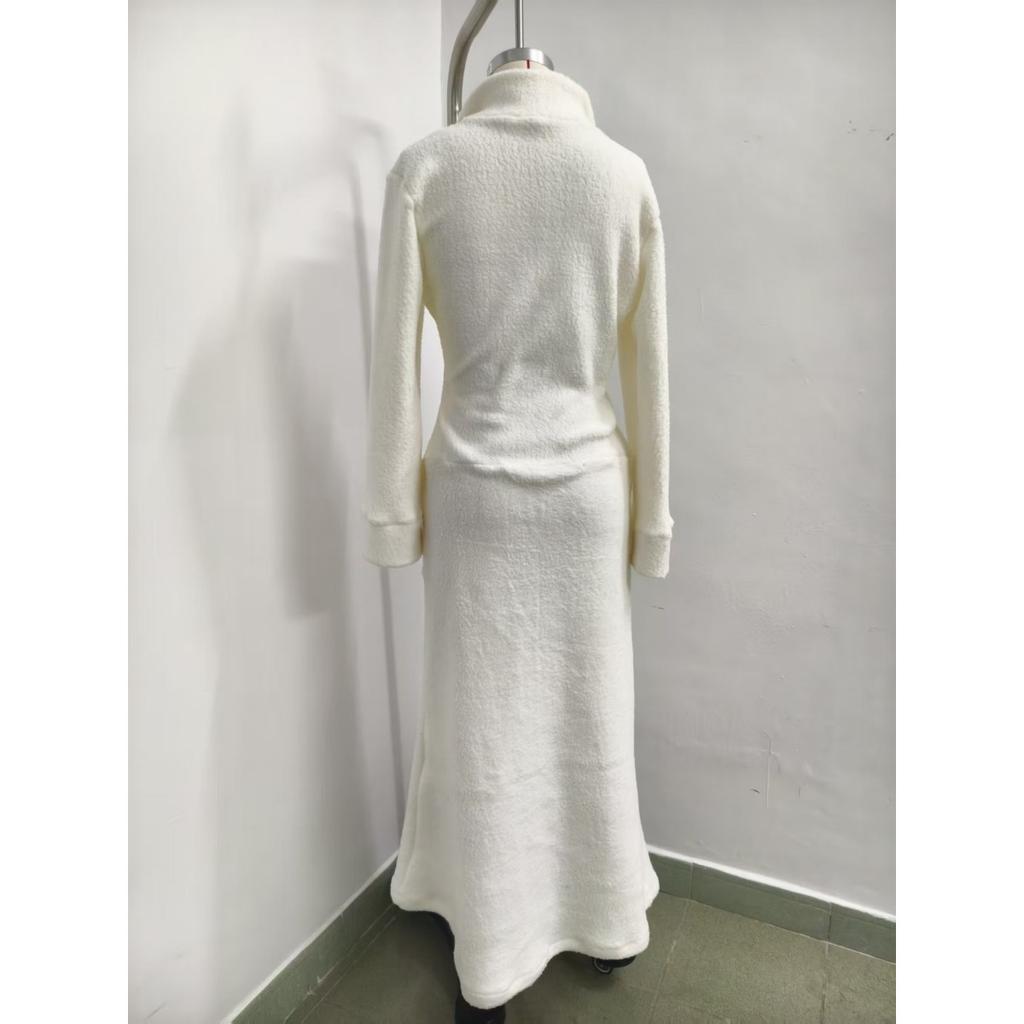Vestido Largo de Manga Larga Ajustado de Forro Polar para Mujer Otoño Invierno Cremallera Cuello Polo Casual para Transfronterizo Europeo Americano