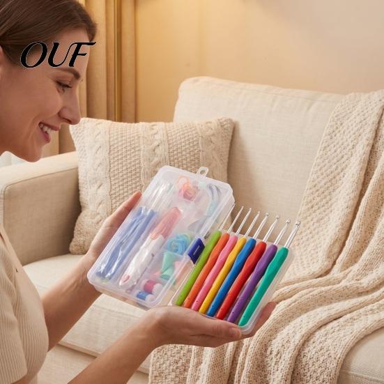 Soft Grip Crochet Hooks Metal Set, Includes Yarn Needles Stitch Markers Tape Measure, with Supplies Storage Case Case, Rubber Handle Hooks, Tools for