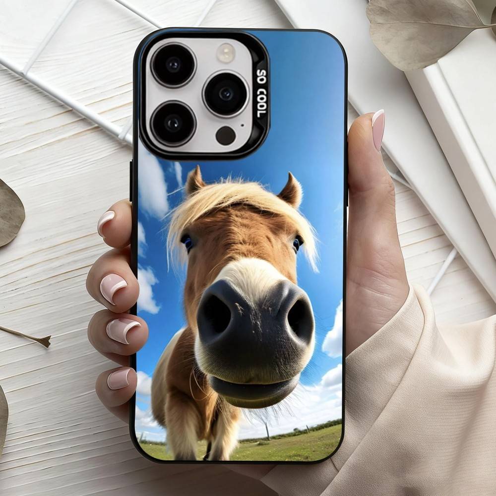 Funny Art Horse Animal   Phone Case For iPhone17,16,15,14,13,12,11 Plus,Pro Max Black Candy silver phone case