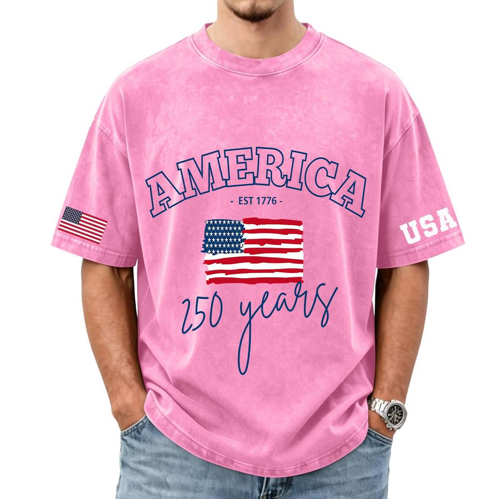 Herren lockeres und lässiges T-Shirt mit Flaggen-Buchstaben-Print - Trendiges gewaschenes kurzärmeliges Oberteil für Herren