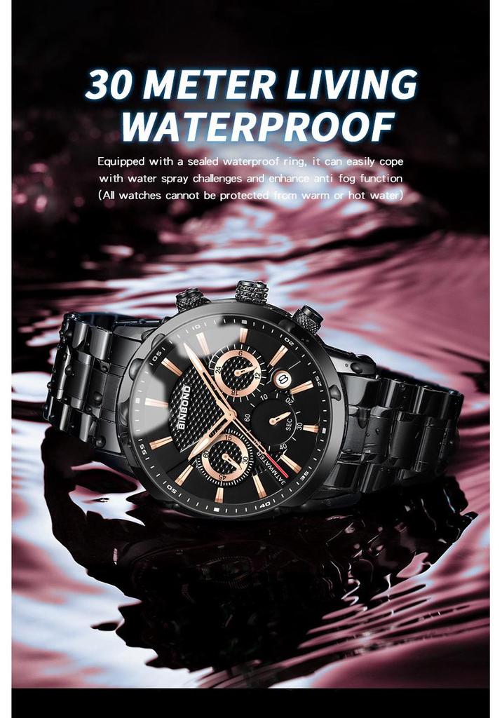 BINBOND Men's Waterproof Quartz Sports Watch with Steel Strap and Dual Eye Multifunction.