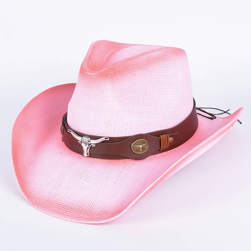 Pink Straw Sun Hat Women  Outdoor Western Cowboy Hats Black Vintage Summer Beach Panama Cowgirl Hat Jazz Cap Sombrero Hombre