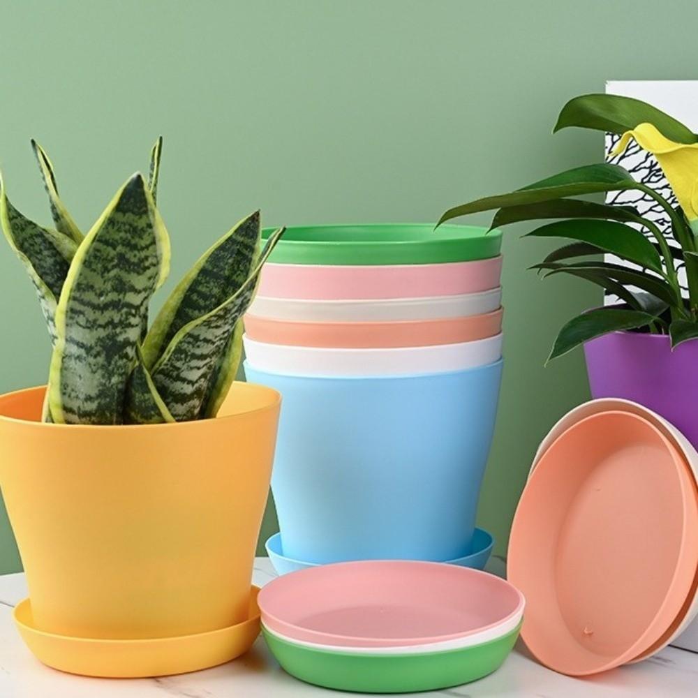 8pcs/set Nursery Pots Candy Color Flower Pot Plastic Thickened Plant Pot with Tray Round Succulent Plant Pots Garden Indoor