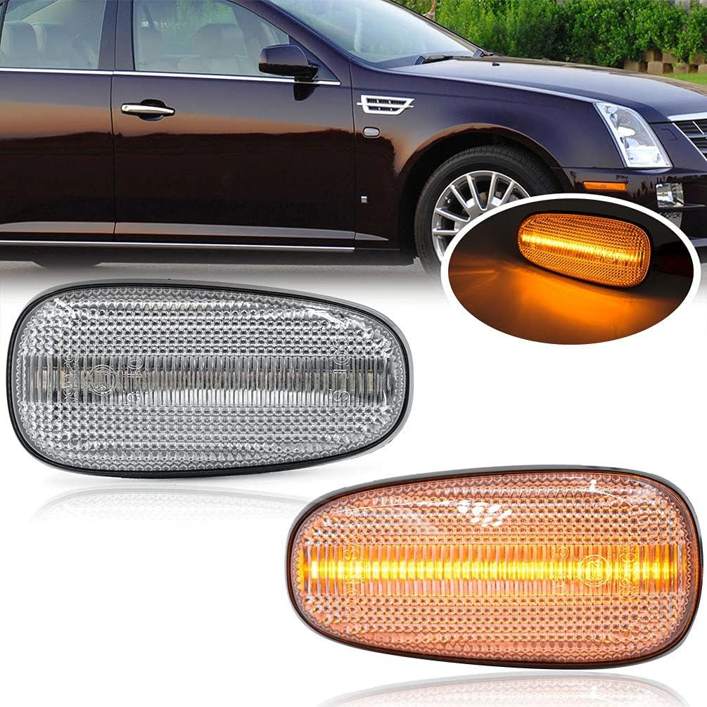 NJSBYL STS Clear Lens Side Marker Lamps Replacement for Cadilla.c STS 2005-2011 Driver Side/Passenger Side Fender Amber LED Turn Signal Lights Kits