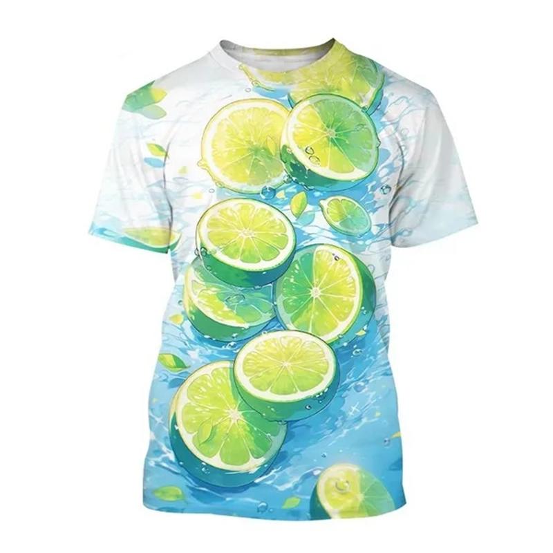 Summer Round Neck 3D Fruit Lemon Pattern Print Top Fashionable Casual Short Sleeved Men's and Women's Unisex T-shirts