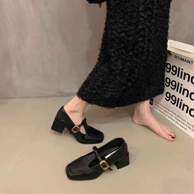 French retro square head thick heel single shoes female spring and autumn new evening wind Korean version fairy high heels Mary Jane small leather sh