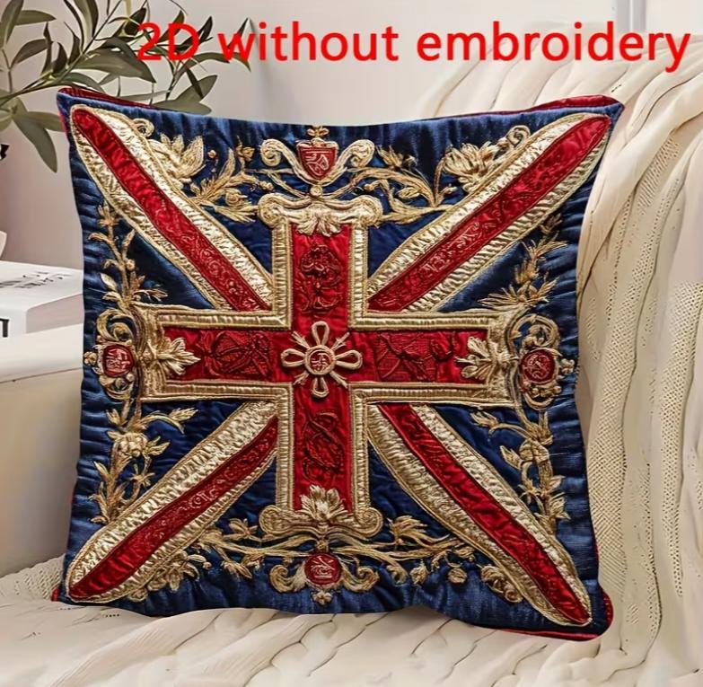 Oyal British Flag Imitation Embroidery Design Pattern Vintage Style Design Artistic Style Design Pattern Pattern Pillowcase Car Peach skin 18*18(CM)-1Pcs