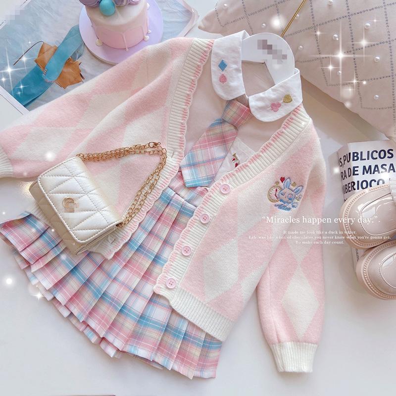 Spring 2023 Girls' JK Plaid Skirt 3-Piece Set: Sweater & College Style Suit