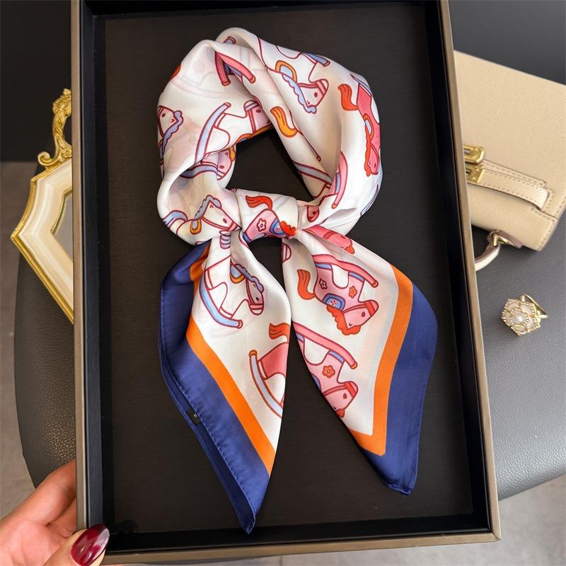 Korean Style Cute Trojan Printed Silk Feel Square Scarf For Women