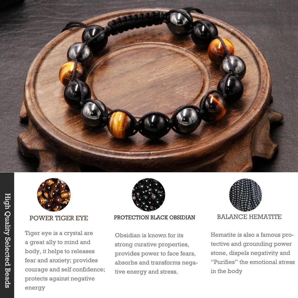 Triple Protection Bracelet For Men Women Handmade 10mm Beads Bracelet With Obsidian Hematite Natural Crystals For Protection And Balance