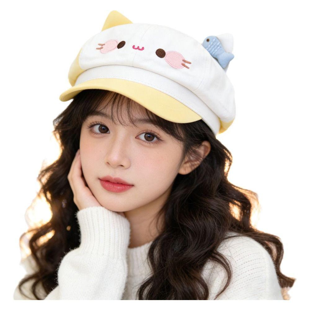 Japanese Style Cat Ears Beret Big Head Cartoon Beret Fashion Octagonal Hat Female Wear
