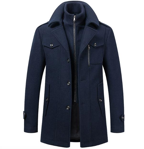 Herren Mode Herbst Winter Woll-Trenchcoats Modische Mittellange Jacke Männlich Doppelkragen Reißverschlussmantel Winddichter Wollmantel