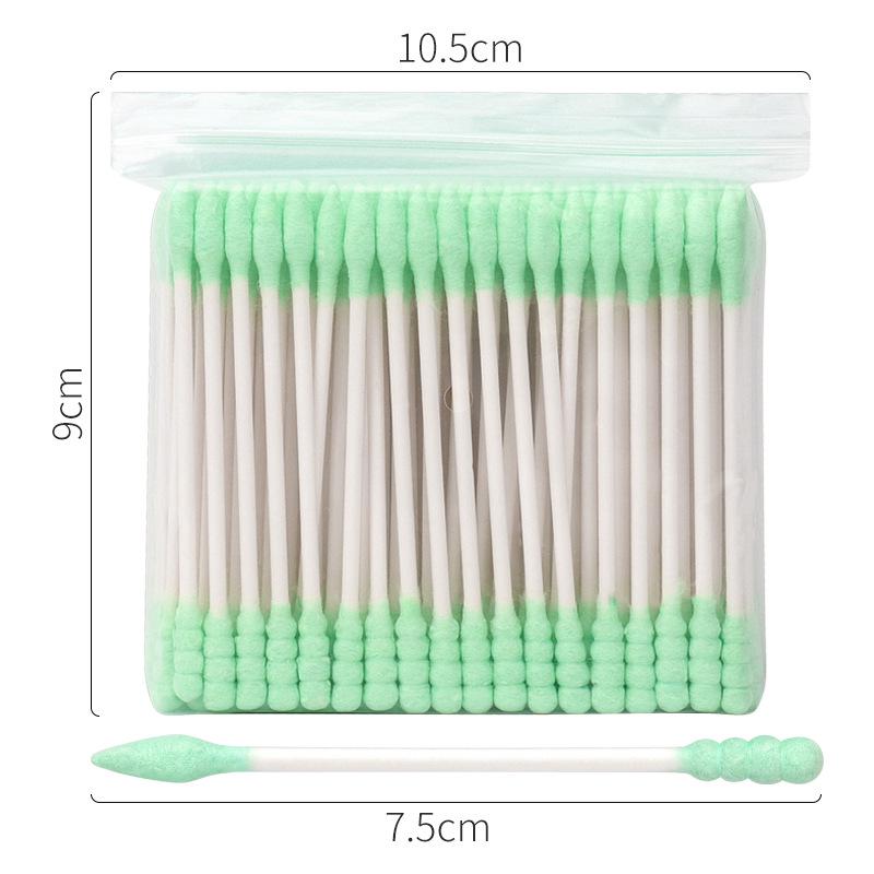 Pack of 100 double-ended, disposable cotton swabs with paper sticks for ear cleaning and makeup application.