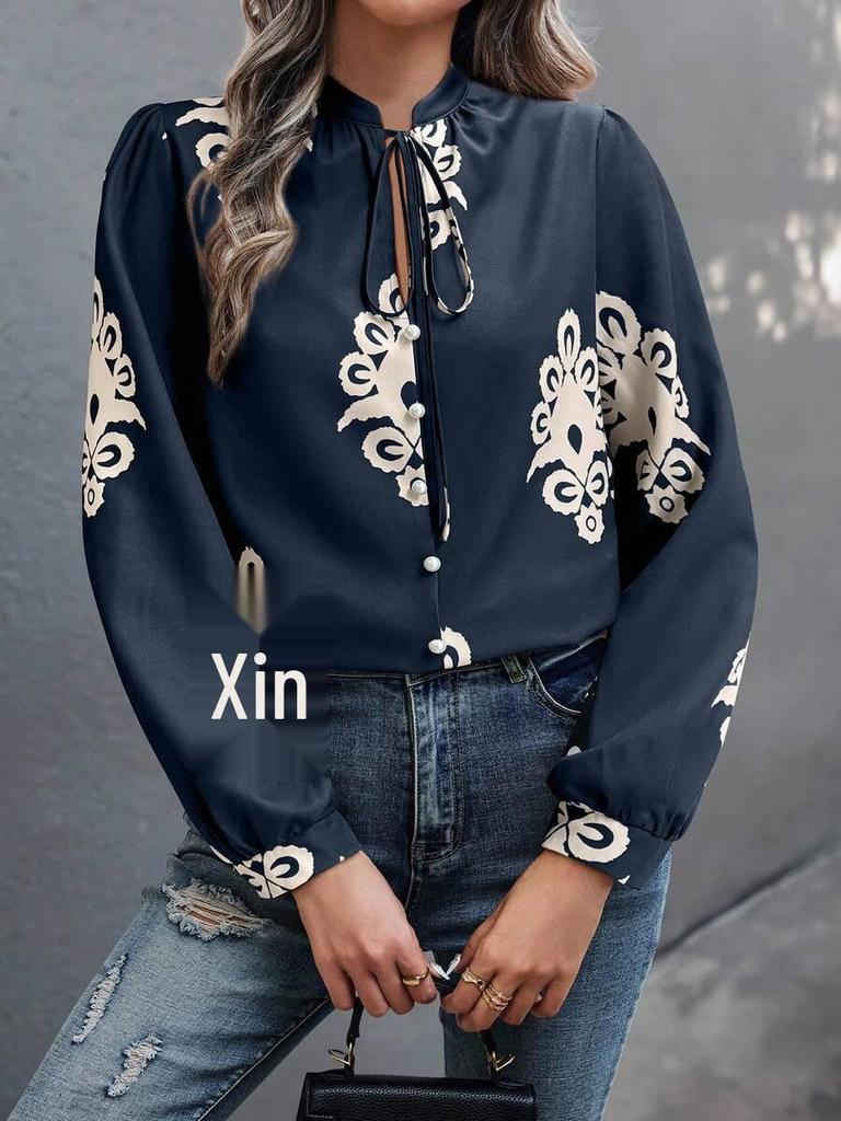 Euro-American Cross-border Stylish Printed Stand-up Collar Long Sleeve Lace-up Buttoned Women's Shirt for Spring and Summer