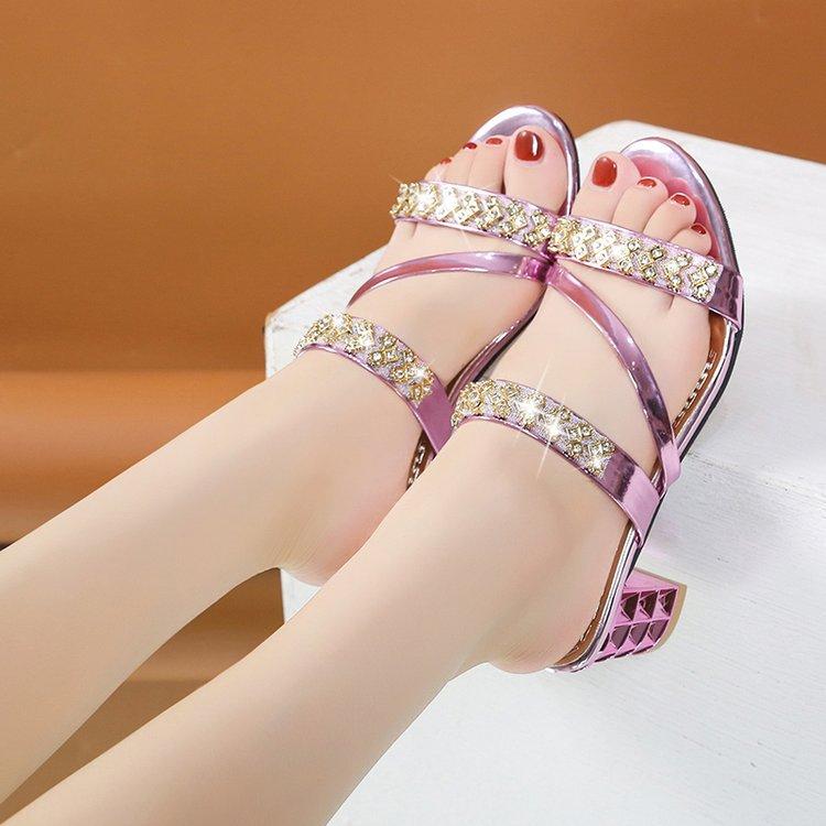 Fashion Square Heel Women's Slides with Rhinestone, Korean Summer Ladies Sandals Mid Heel Women Shoes Large Size Slippers Women