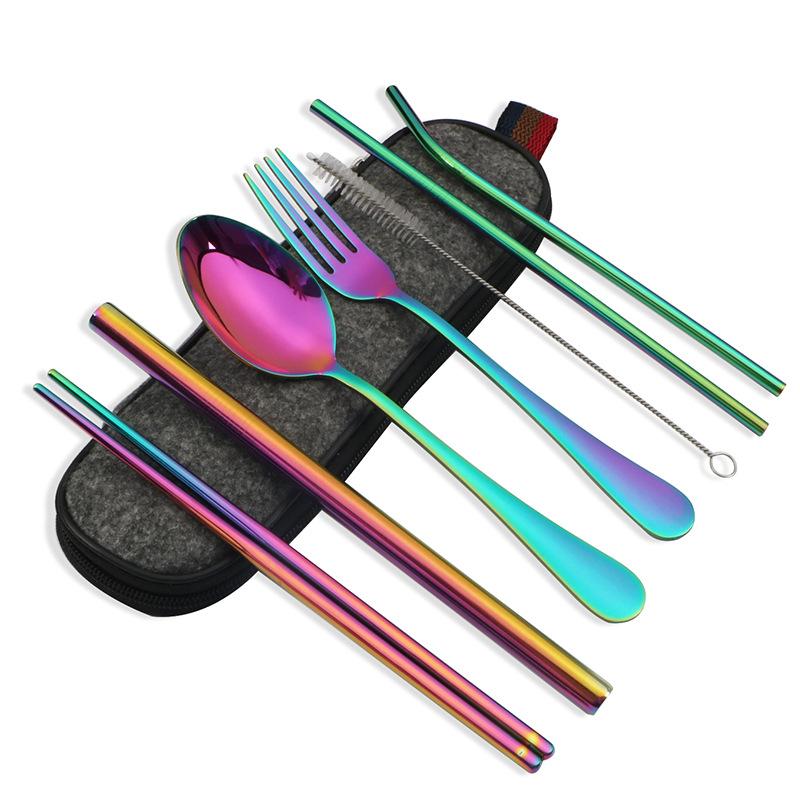 Stainless Steel Portable Tableware Stainless Steel Straw Chopsticks Fork Soup Spoon Combination Set Seven Piece Set Dinner Set