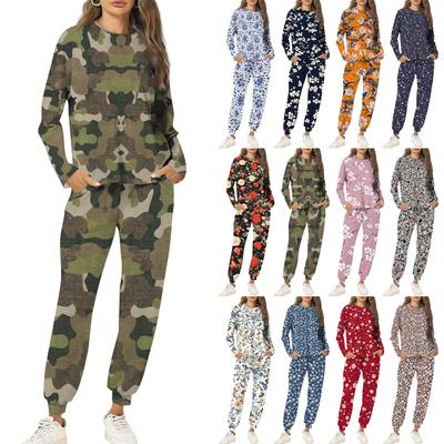 Kadınlar İçin Setler 2 Parça Yuvarlak Yaka Uzun Kollu Tişörtler Baskılı Eşofman Altı Cepli Setler