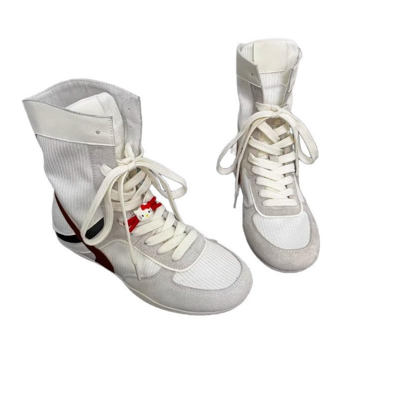 Miu Series Inner Height Increase Casual Leather Boxing Boots Women's Light and Comfortable Breathable Sports Wind Color Matching High Top