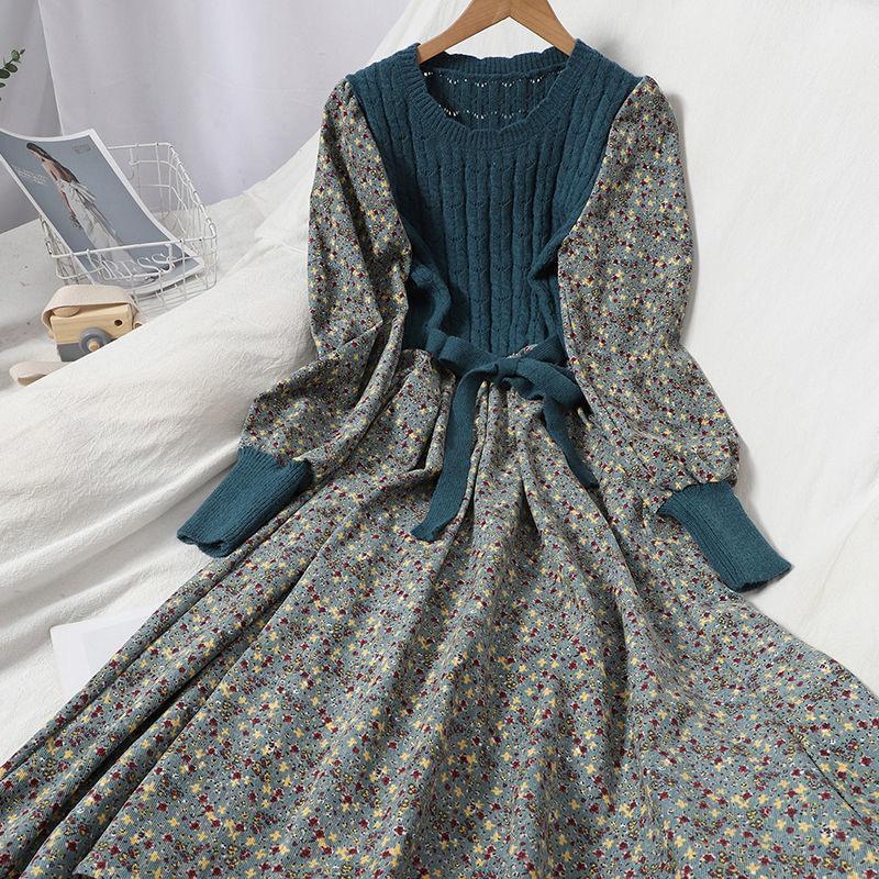 Floral Maxi Dress Patchwork Knitted Ruffles Ribbed Slim Chic Robe O-neck High Waist Dresses Women