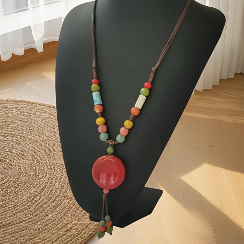 Ethnic Ceramic Beaded Necklace Boho Long Colorful Sweater Chain Vintage Tribal Handmade Statement Jewelry Women Fashion Gypsy Hippie Chic Accessories