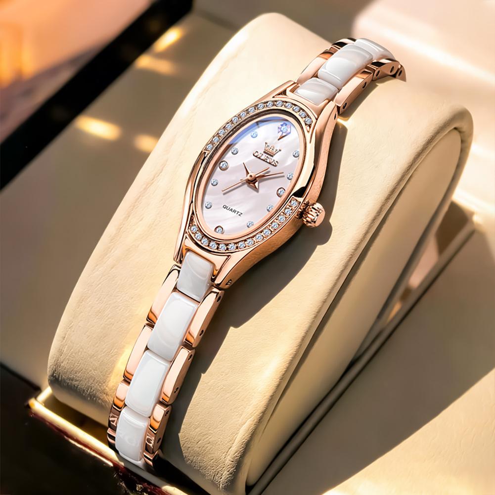 OLEVS 7131 Dámské hodinky Elegantní Luxusní Růžové zlato Keramický řemínek Diamantový rámeček Náramek Náramkové hodinky Originální Quartz hodinky pro ženy