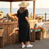 Loose Fit V Neck Denim Look Dress for Women Mid Length Short Sleeve Casual Shirt Dress with Front Pockets and Button Placket