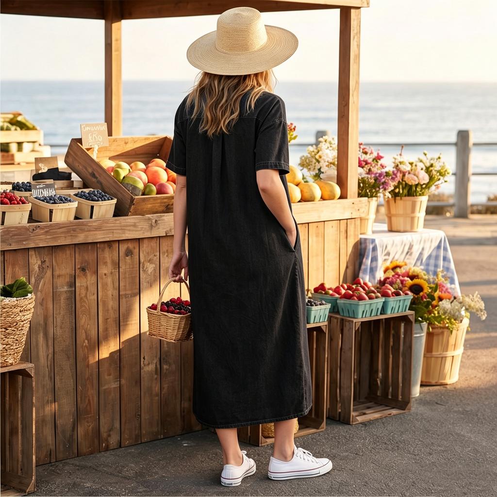 Loose Fit V Neck Denim Look Dress for Women Mid Length Short Sleeve Casual Shirt Dress with Front Pockets and Button Placket