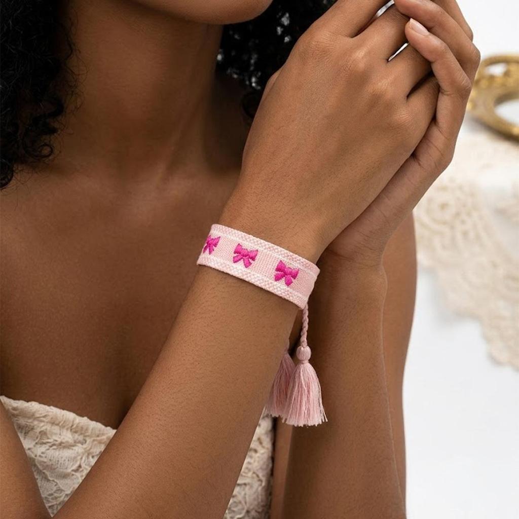 Cross-border Ethnic Style Braided Friendship Bracelet with Embroidered Bow & Tassels