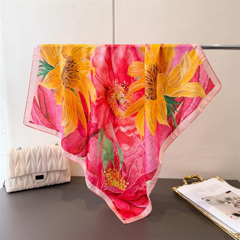 New Floral Print Square Silk Scarf For Women Headscarves Summer Foulard Bandana Hijab Headscarf Neck Tie Soft Neckerchief