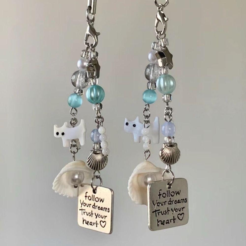 5PCS Zinc Zinc Alloy Beaded Cat Pendant Imitation Pearl Keyring Sweet Shell Pearl Phone Lanyard  Beach
