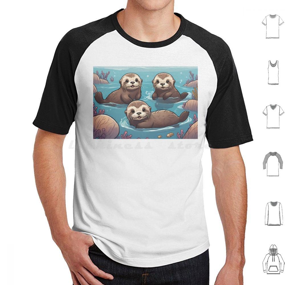 Playful Otters In The Ocean T Shirt Big Size 100 Cotton Otters Swimming Ocean Cute Adorable Family Joyful Playful Wildlife