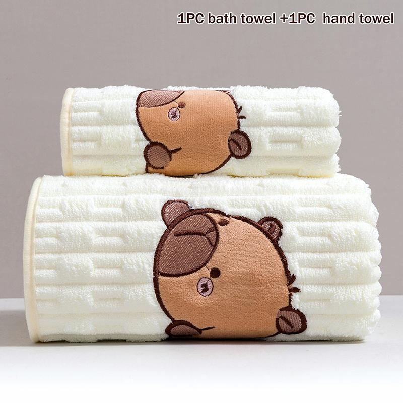 Cute 2-Piece Capybara Face Towel Set, Extra Soft Coral Fleece, 34x74 Inch Towel And 70x140 Inch Bath Towel