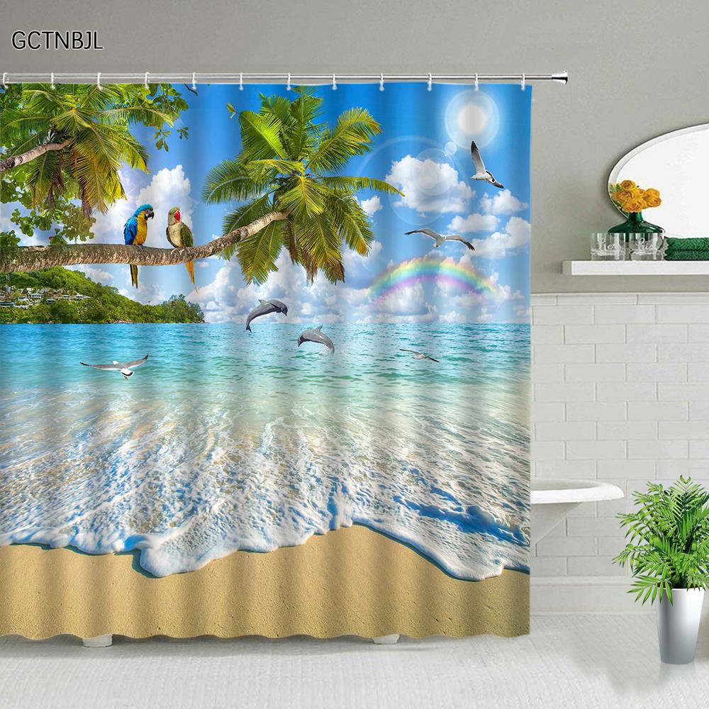 Funny Dolphin Shower Curtains Cute Ocean Animal Blue Seawater Sea Wave Scenery Bathroom Decor Cloth Hanging Curtain With Hooks