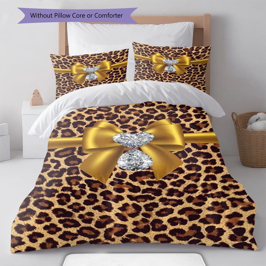 Leopard Bow Pattern Bedding Quilt Set Quilt Cover Pillowcase Home Decoration Gift (1 * duvet cover + 2 * pillowcase, without core)