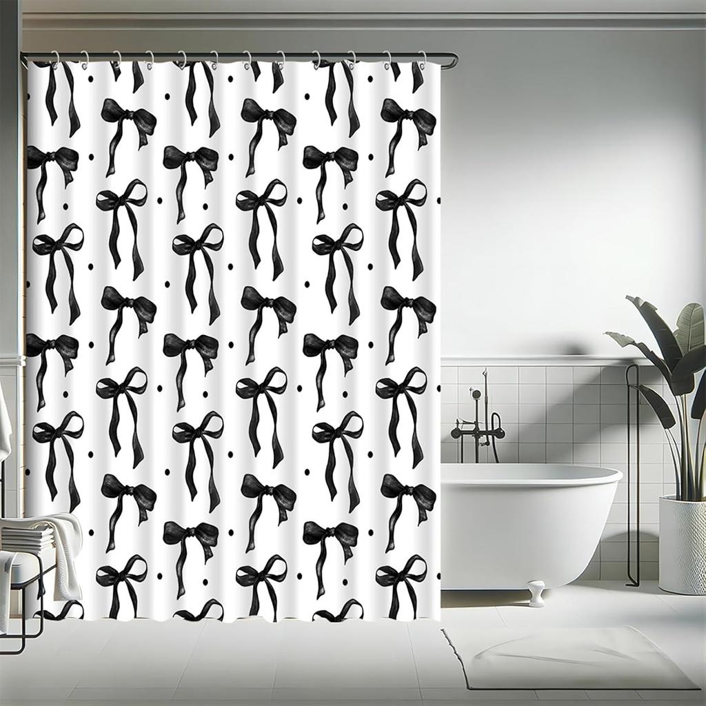 Cute Shower Curtain Set Pink&Black Bowknot 3D Printed Waterproof Polyester Fabric Bath Curtains Home Bathroom Decor With 12 Hook