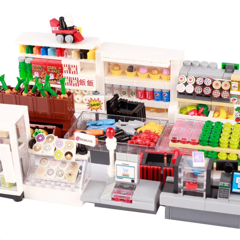 MOC Bricks Accessories City Supermarket Shop Store Building Blocks Street View Drink Food Vegetable Food Dessert Blocks Printed