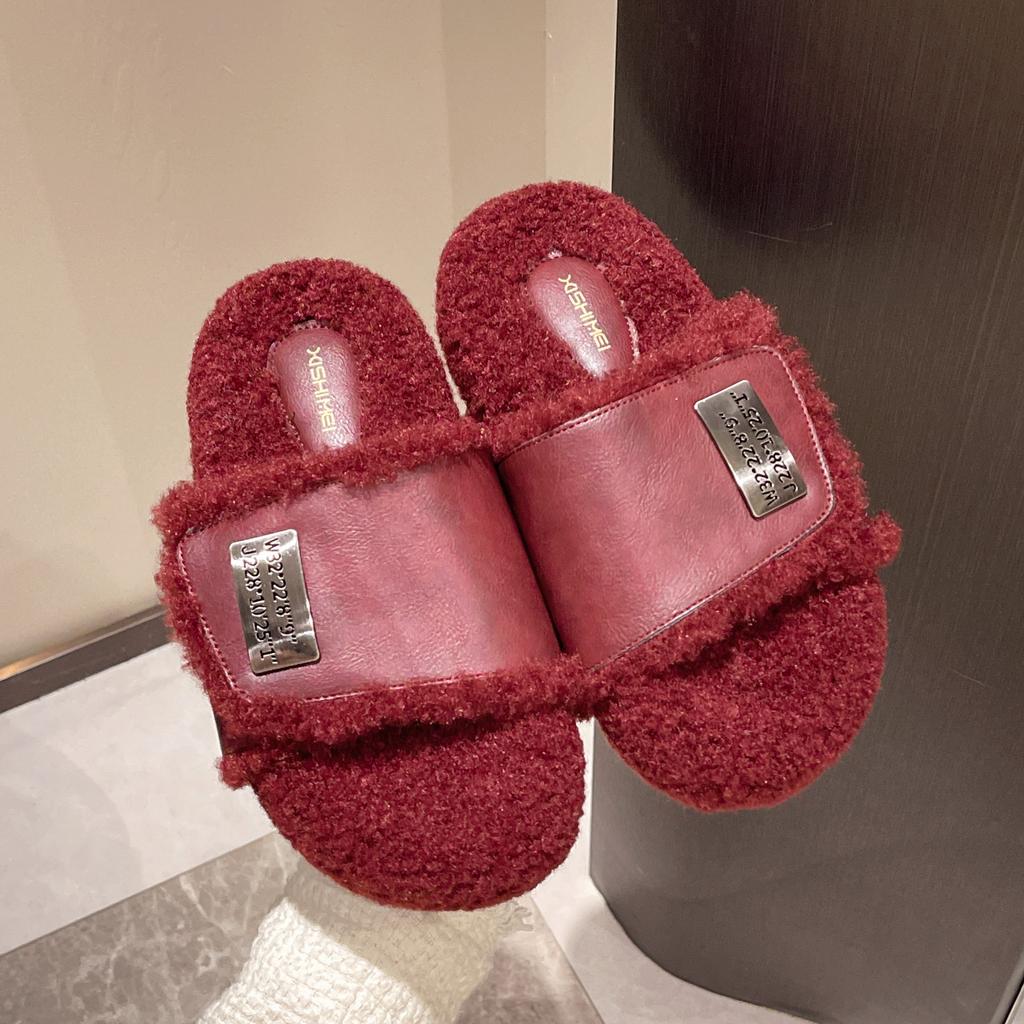 Foreign Style Red Plush Slippers Women's Autumn New Fashion Plush Slippers Small Height-increasing Lamb Wool Slippers