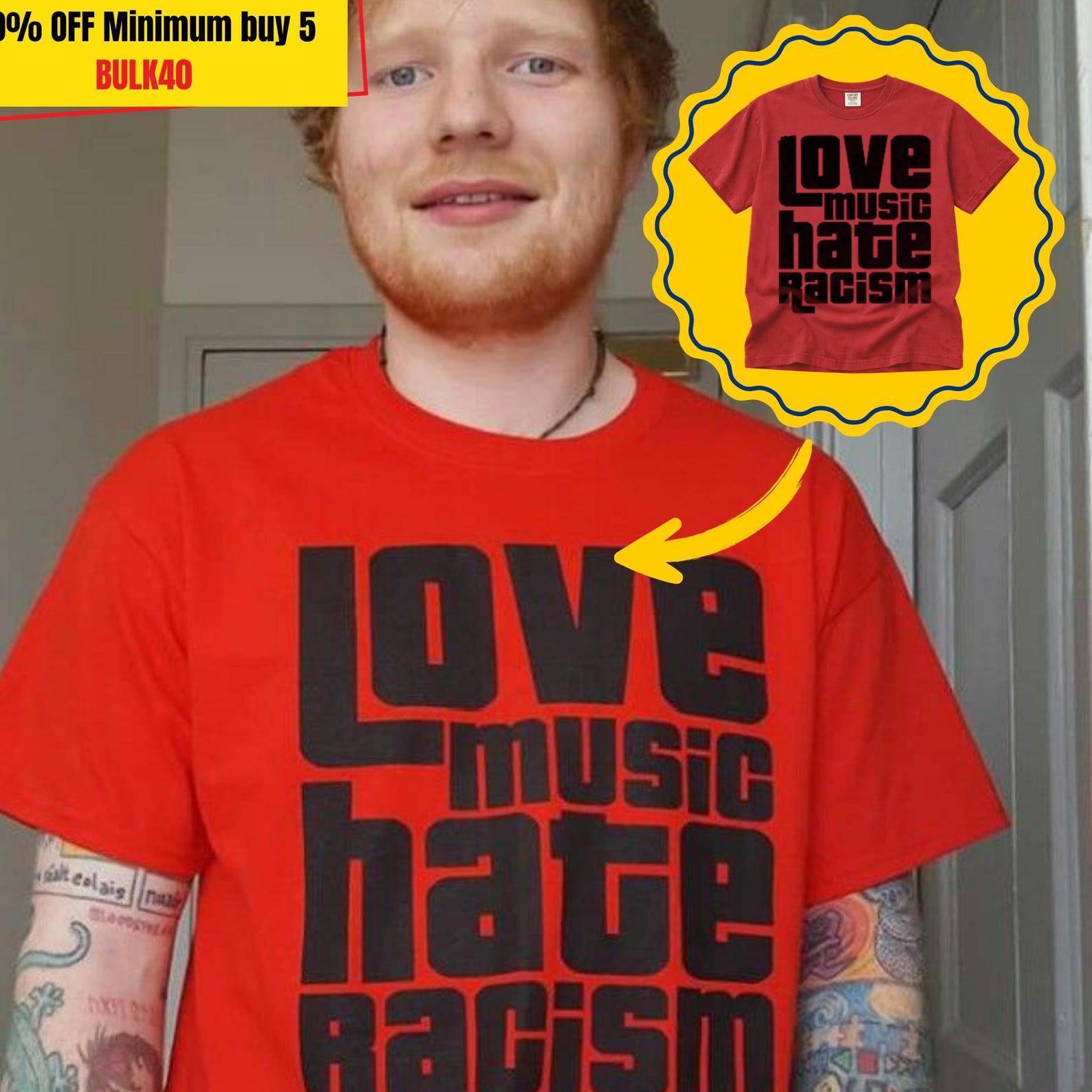 Ed Sheeran Funny Tee, Love Music Hate Racism T-Shirt, Ed Sheeran Merch, Merch 2026 Ed Sheeran, Vintage Oversized Shirt, Ed Sheeran Fan Gift M