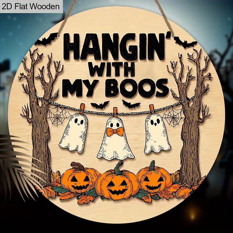 Rustic Halloween Wooden Sign with Ghosts & Pumpkins Pattern - Figurine Ornaments - Ideal for Front Door, Wall Decor - Ideal Halloween Gift for Friend