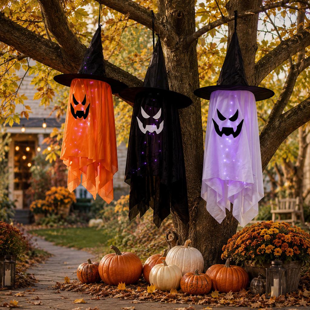 Halloween Hanging Ghost Decoration with Witch Hat and LED Lights for Indoor Outdoor Party Haunted House Yard Hanging Decor