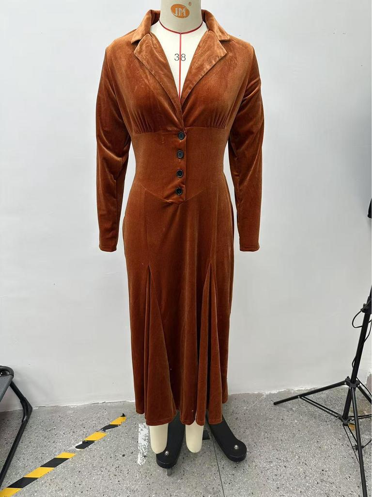 2025 Women's Solid Color Button-Up Lapel Dress with Cinched Waist and A-line Skirt, 3/4 Sleeves