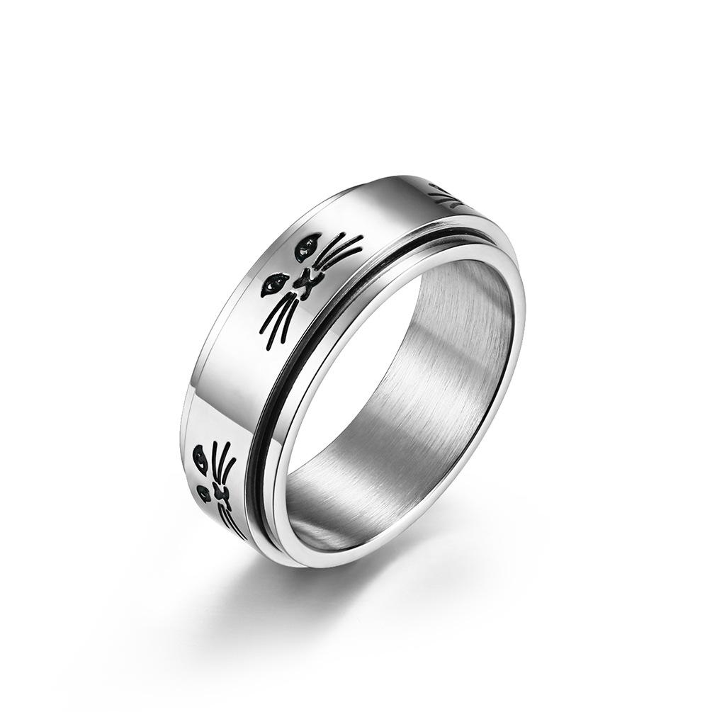 Titanium Steel Rotatable Cat Ring Cat Ring Ring, Cute Cat Face Couple Ring Jewelry 6#