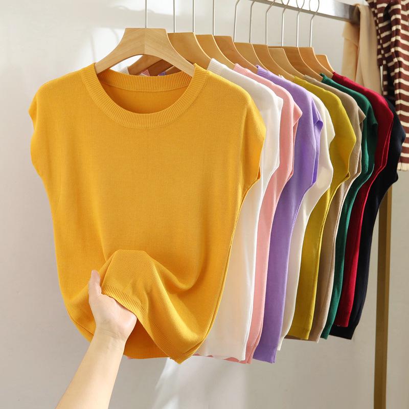 

Ice Silk Women s Summer Slim Fit Round Neck Top, 2025 New Style, Solid Color, Versatile Drop Shoulder Short Sleeve One Size жовтий/імбирний